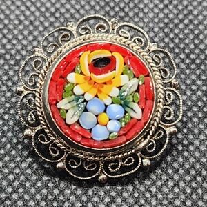Vintage Italian Micro Mosiac Brooch Pin 1 Inch Filigree Silver Tone Signed Italy